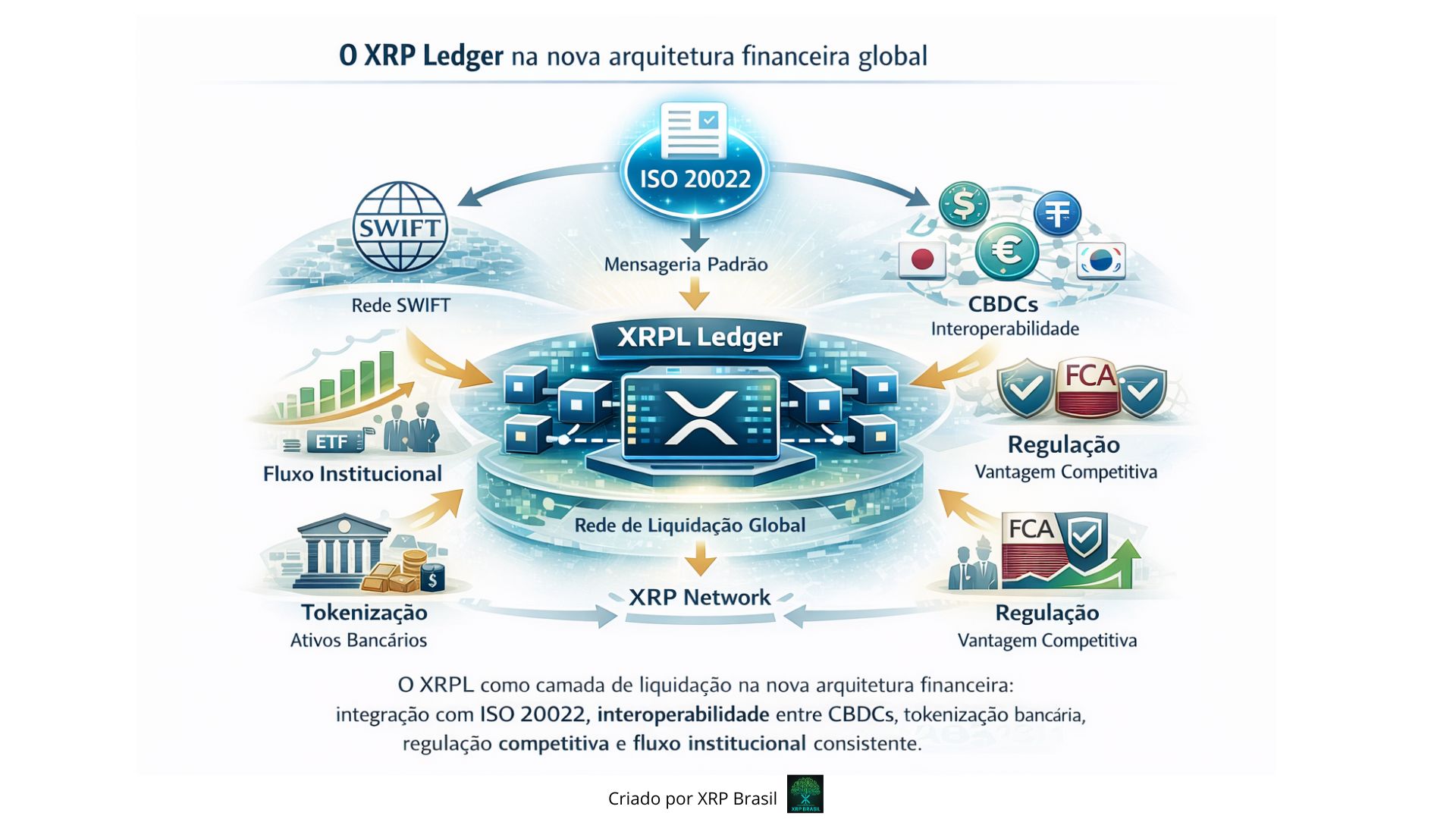 Infogr&aacute;fico sobre a nova arquitetura financeira global e o papel do XRPL